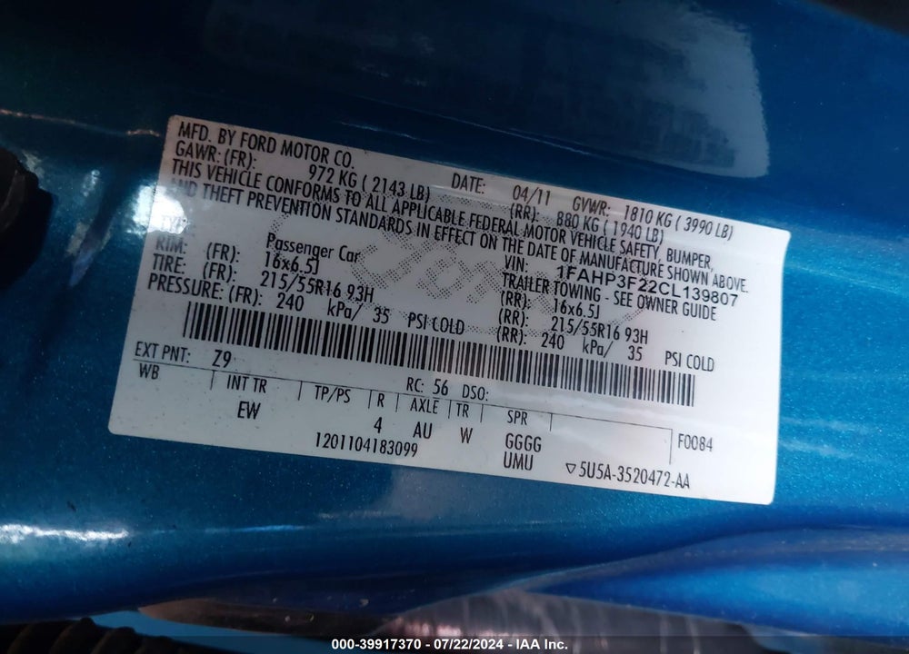 2012 FORD FOCUS SE VIN: 1FAHP3F22CL139807