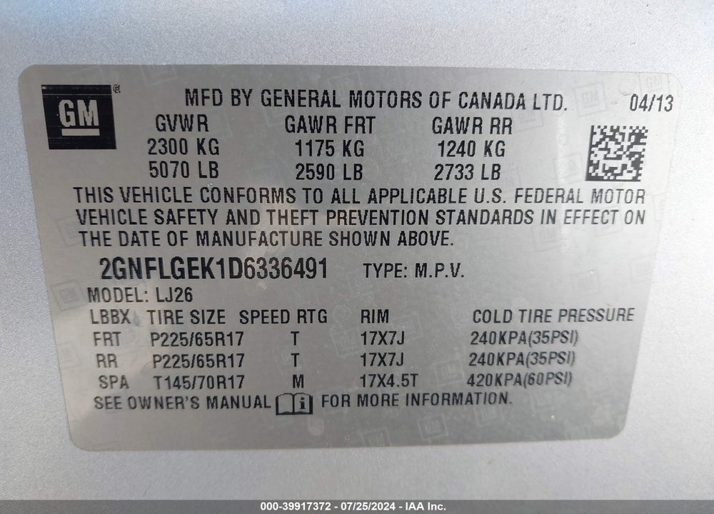 2013 CHEVROLET EQUINOX LTZ VIN: 2GNFLGEK1D6336491