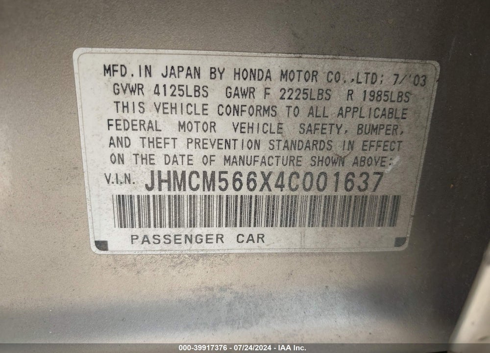 2004 HONDA ACCORD 2.4 EX VIN: JHMCM566X4C001637
