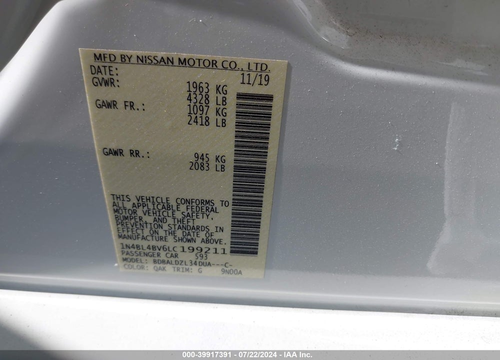 2020 NISSAN ALTIMA S FWD VIN: 1N4BL4BV6LC199211