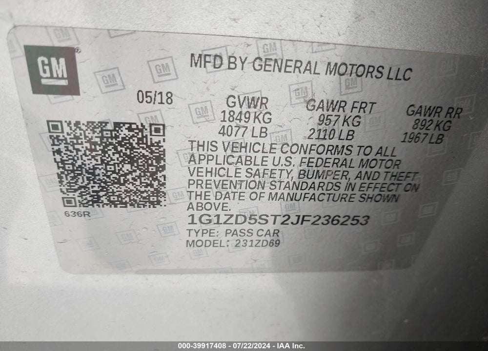 2018 CHEVROLET MALIBU LT VIN: 1G1ZD5ST2JF236253
