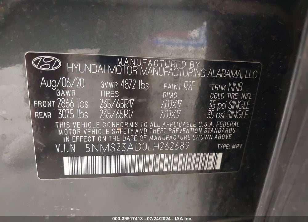 2020 HYUNDAI SANTA FE SE VIN: 5NMS23AD0LH262689