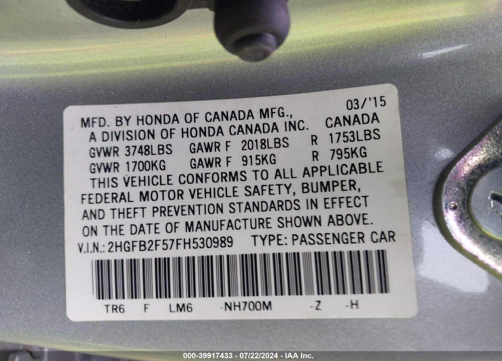 2015 HONDA CIVIC LX VIN: 2HGFB2F57FH530989