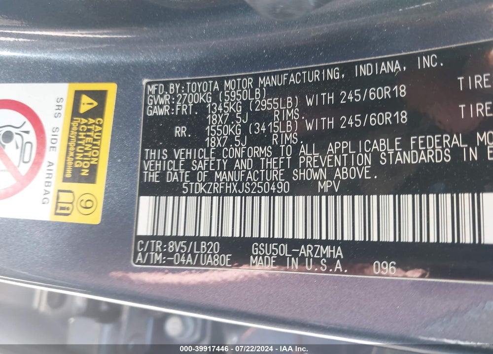 2018 TOYOTA HIGHLANDER XLE VIN: 5TDKZRFHXJS250490