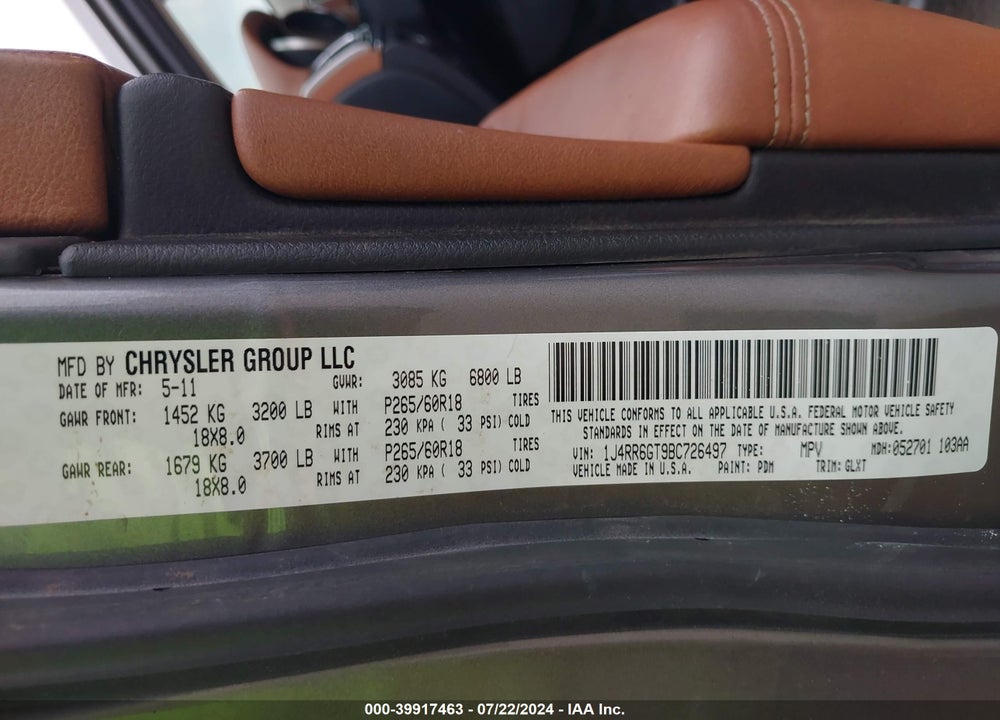 2011 JEEP GRAND CHEROKEE OVERLAND VIN: 1J4RR6GT9BC726497