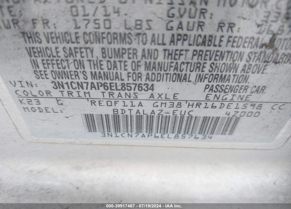 2014 NISSAN VERSA 1.6 S+ VIN: 3N1CN7AP6EL857634