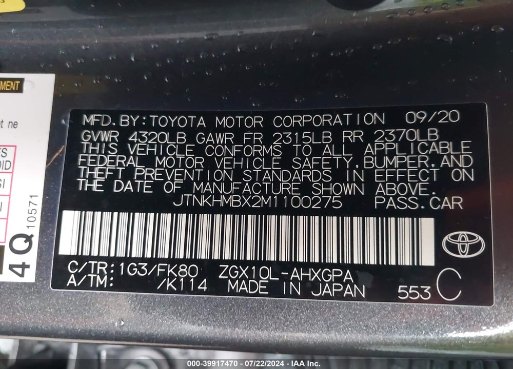 2021 TOYOTA C-HR XLE VIN: JTNKHMBX2M1100275