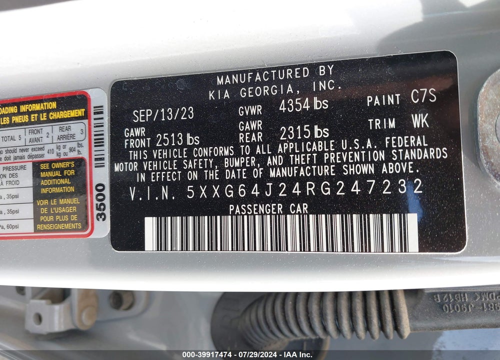 2024 KIA K5 GT LINE VIN: 5XXG64J24RG247232
