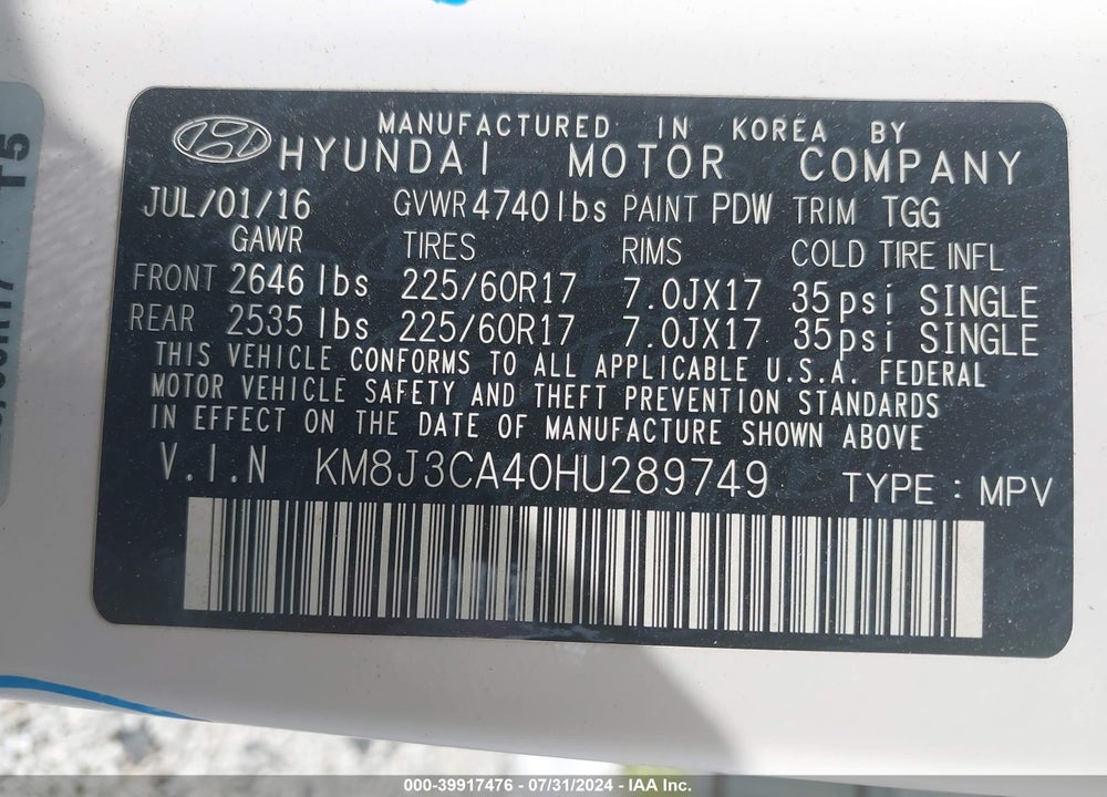 2017 HYUNDAI TUCSON SE VIN: KM8J3CA40HU289749