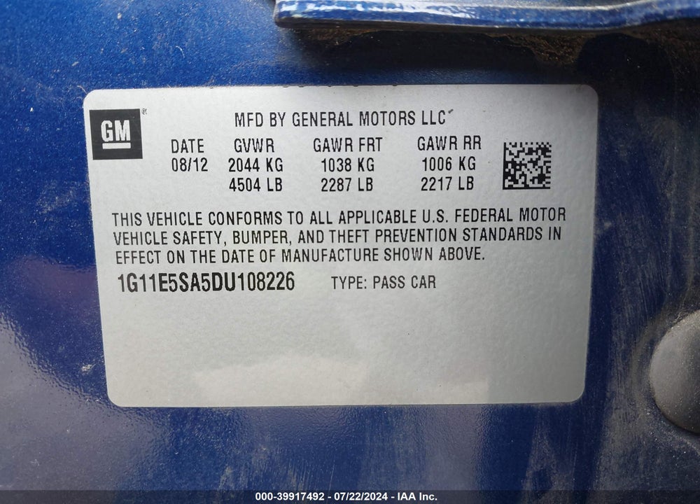 2013 CHEVROLET MALIBU 2LT VIN: 1G11E5SA5DU108226
