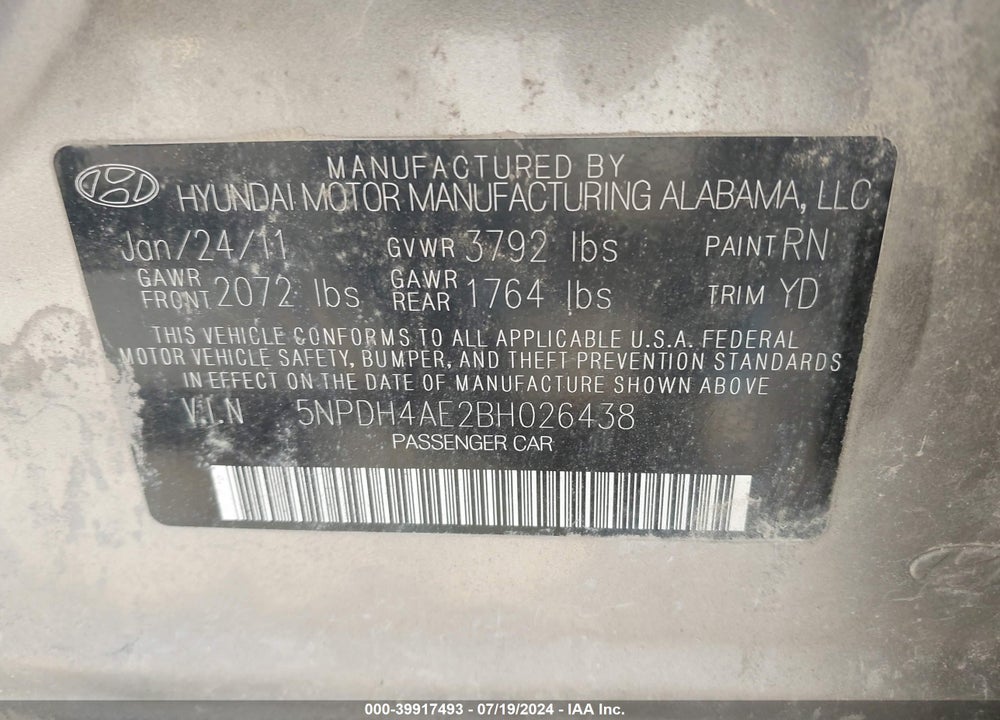 2011 HYUNDAI ELANTRA GLS VIN: 5NPDH4AE2BH026438