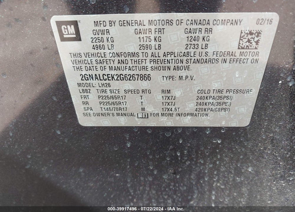 2016 CHEVROLET EQUINOX LT VIN: 2GNALCEK2G6267866