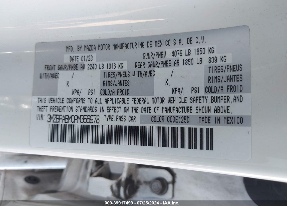 2023 MAZDA 3 2.5 S SELECT VIN: 3MZBPABM0PM356978