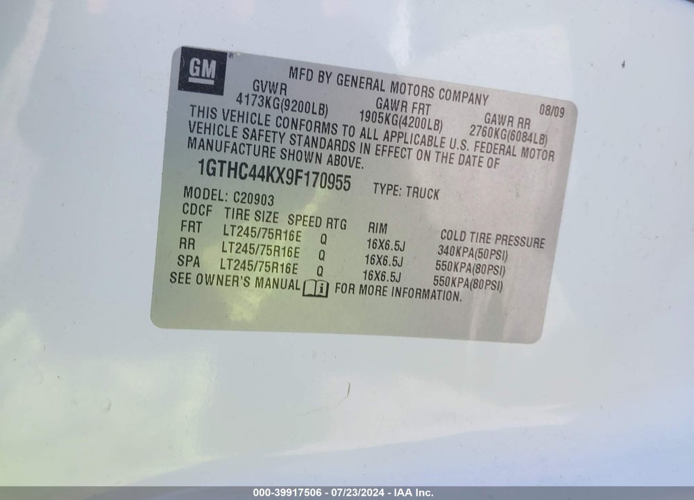 2009 GMC SIERRA 2500HD WORK TRUCK VIN: 1GTHC44KX9F170955