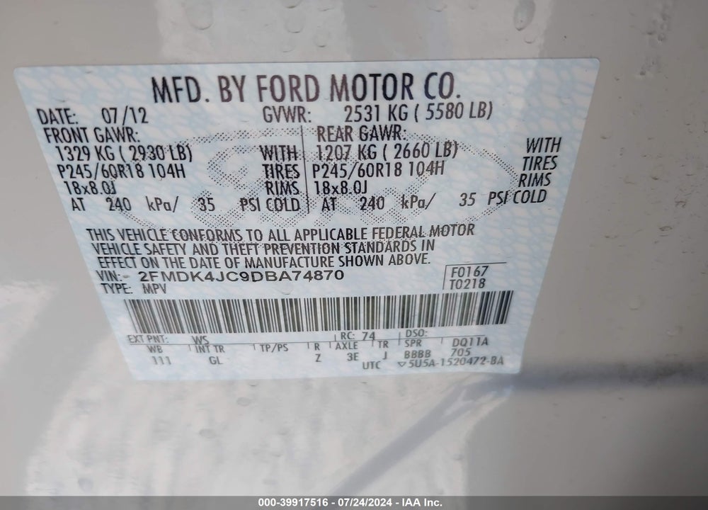 2013 FORD EDGE SEL VIN: 2FMDK4JC9DBA74870