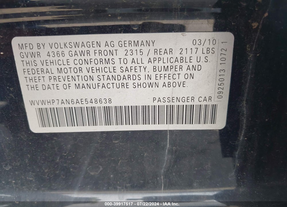 2010 VOLKSWAGEN CC LUXURY VIN: WVWHP7AN6AE548638