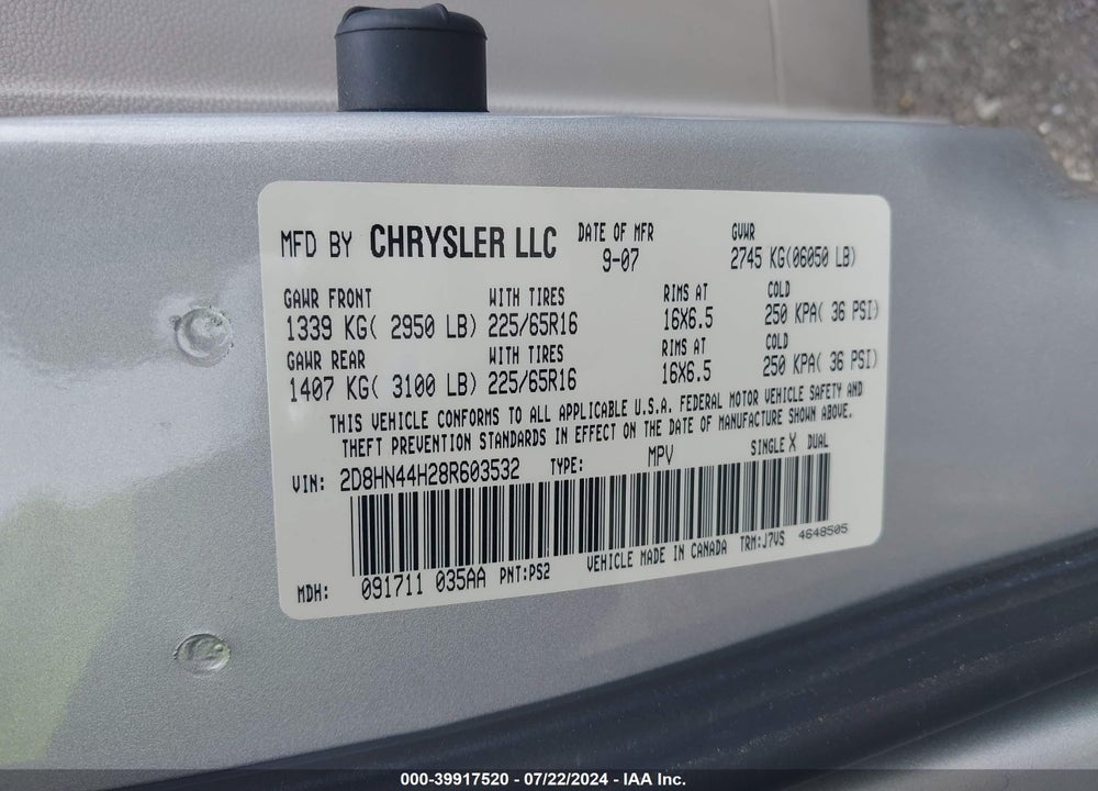 2008 DODGE GRAND CARAVAN SE VIN: 2D8HN44H28R603532