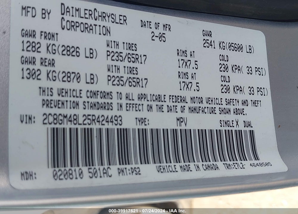 2005 CHRYSLER PACIFICA VIN: 2C8GM48L25R424493