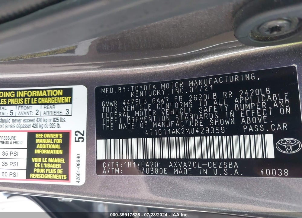 2021 TOYOTA CAMRY SE VIN: 4T1G11AK2MU429359