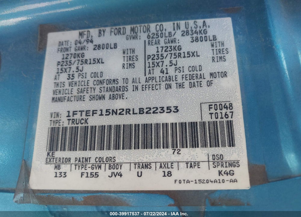 1994 FORD F150 VIN: 1FTEF15N2RLB22353