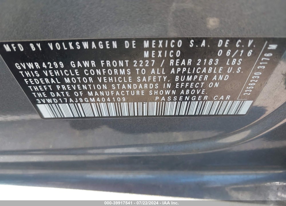 2016 VOLKSWAGEN JETTA 1.8T SPORT VIN: 3VWD17AJ9GM404109