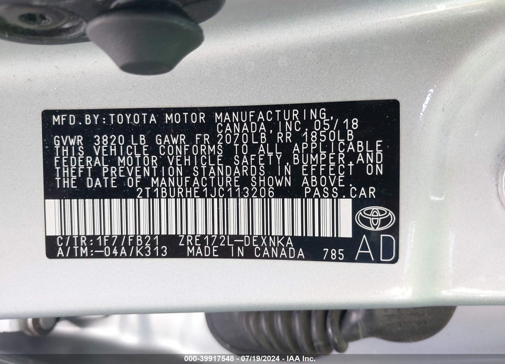 2018 TOYOTA COROLLA LE VIN: 2T1BURHE1JC113206