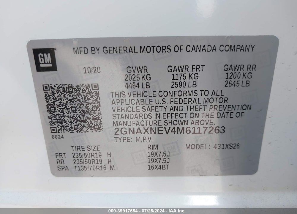 2021 CHEVROLET EQUINOX FWD PREMIER VIN: 2GNAXNEV4M6117263