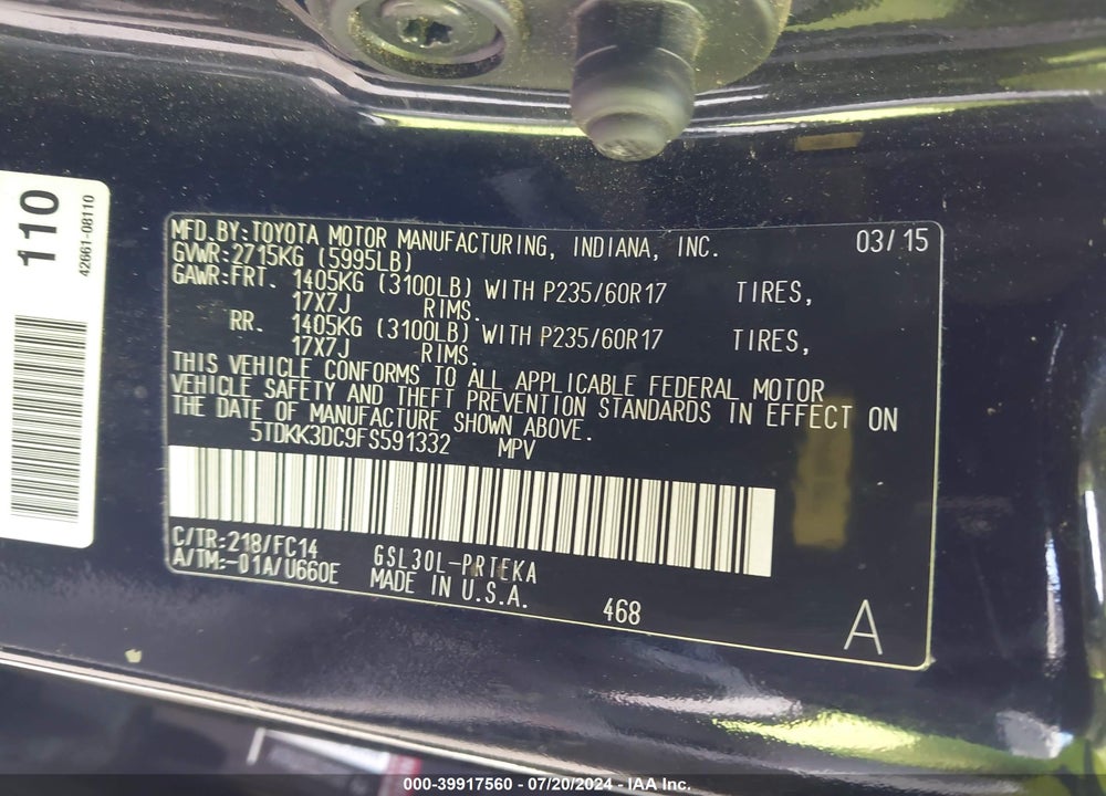 2015 TOYOTA SIENNA LE 8 PASSENGER VIN: 5TDKK3DC9FS591332