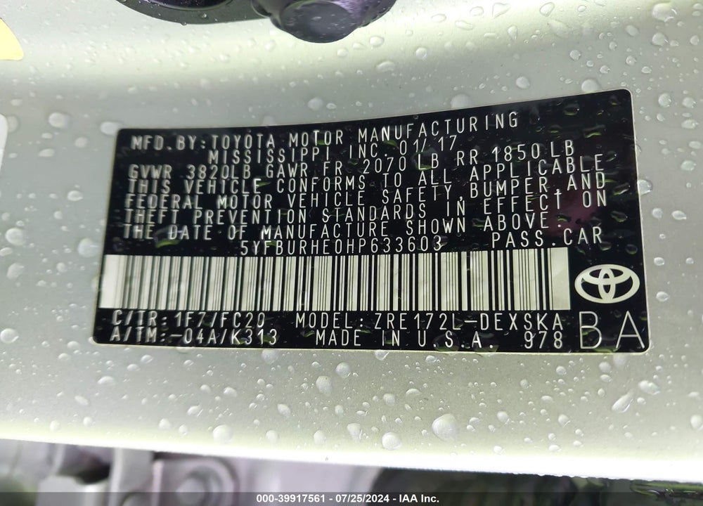 2017 TOYOTA COROLLA SE VIN: 5YFBURHE0HP633603