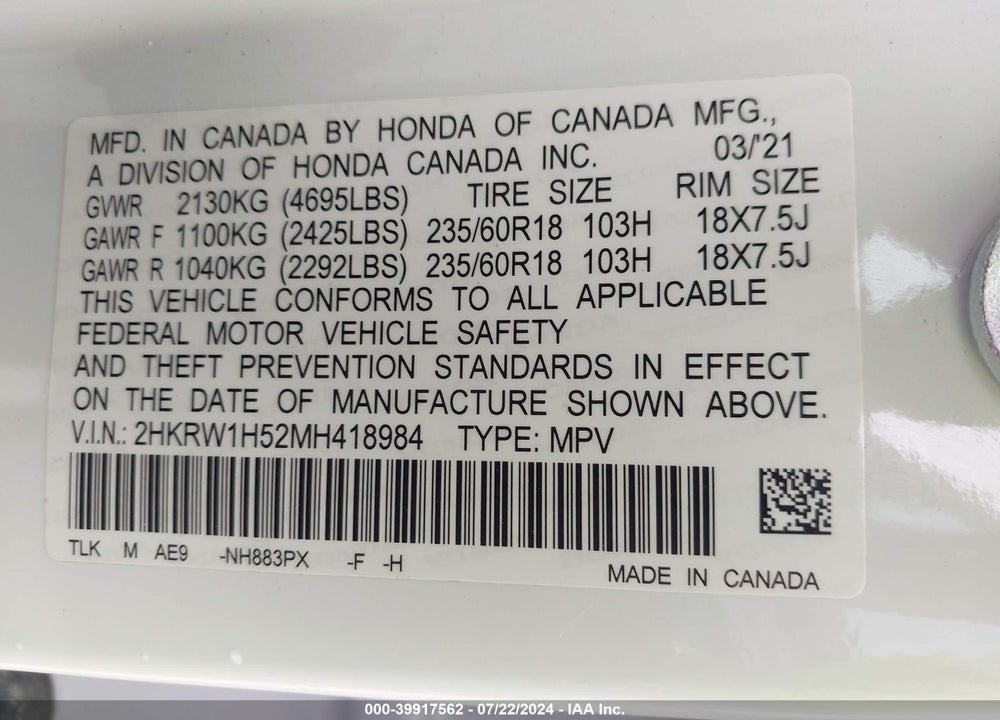 2021 HONDA CR-V 2WD EX VIN: 2HKRW1H52MH418984