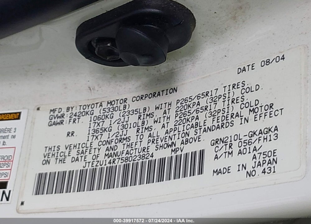 2005 TOYOTA 4RUNNER SR5 SPORT V6 VIN: JTEZU14R758023824