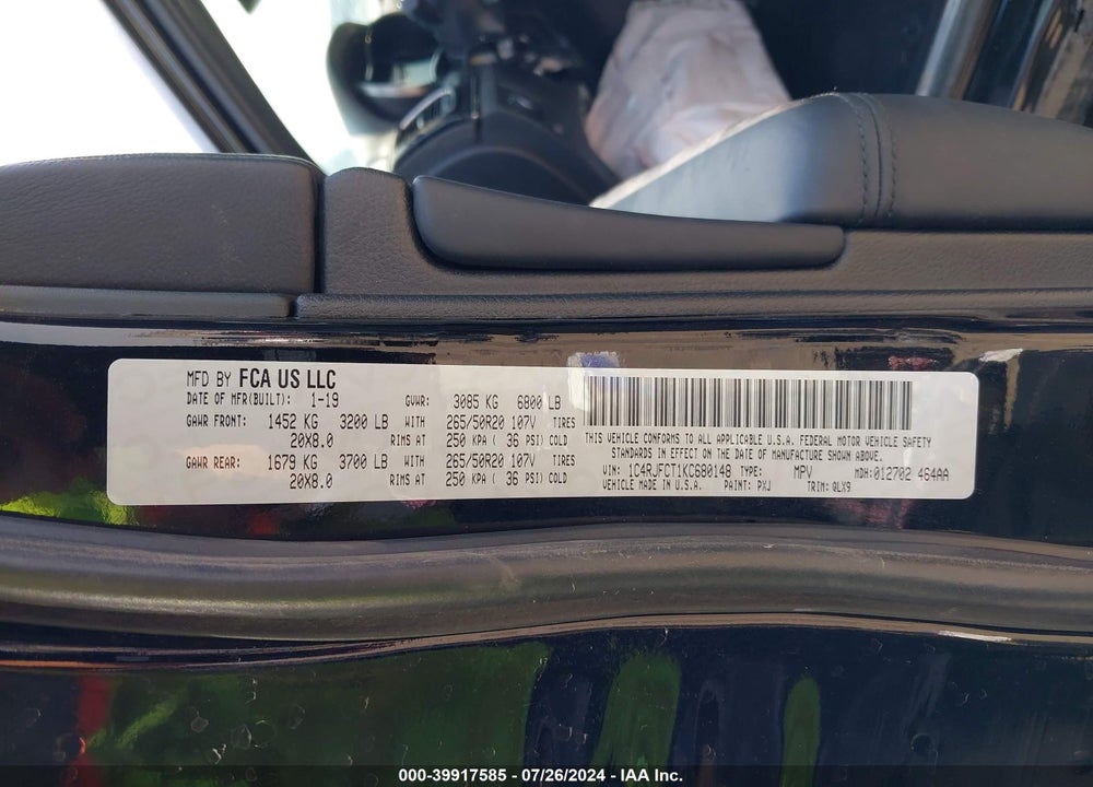 2019 JEEP GRAND CHEROKEE HIGH ALTITUDE 4X4 VIN: 1C4RJFCT1KC680148