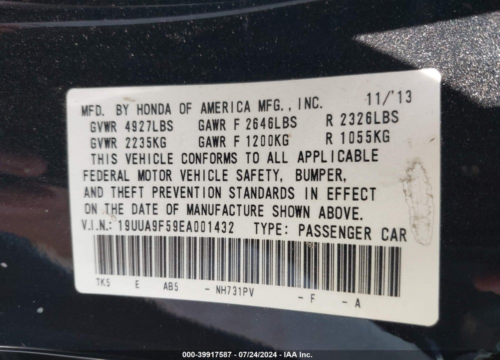 2014 ACURA TL 3.7 VIN: 19UUA9F59EA001432