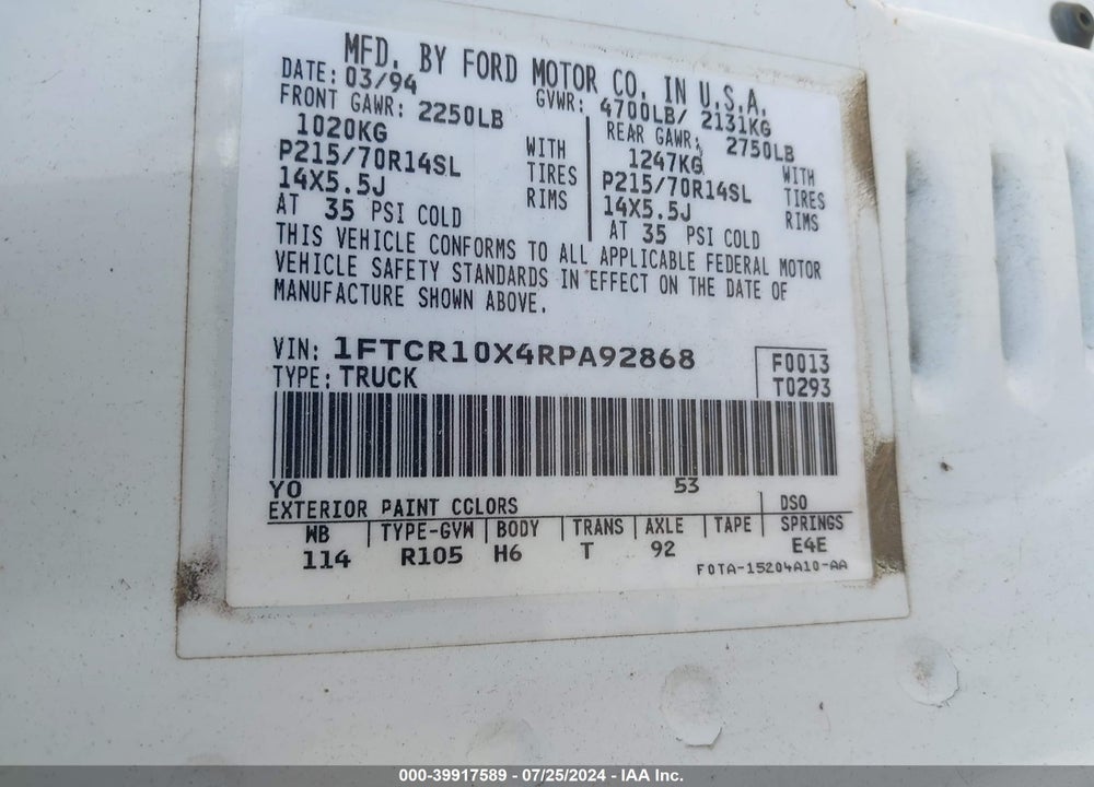 1994 FORD RANGER VIN: 1FTCR10X4RPA92868