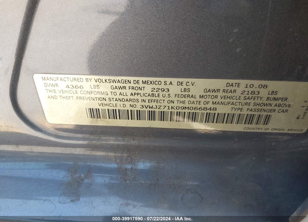 2009 VOLKSWAGEN JETTA S VIN: 3VWJZ71K09M066848