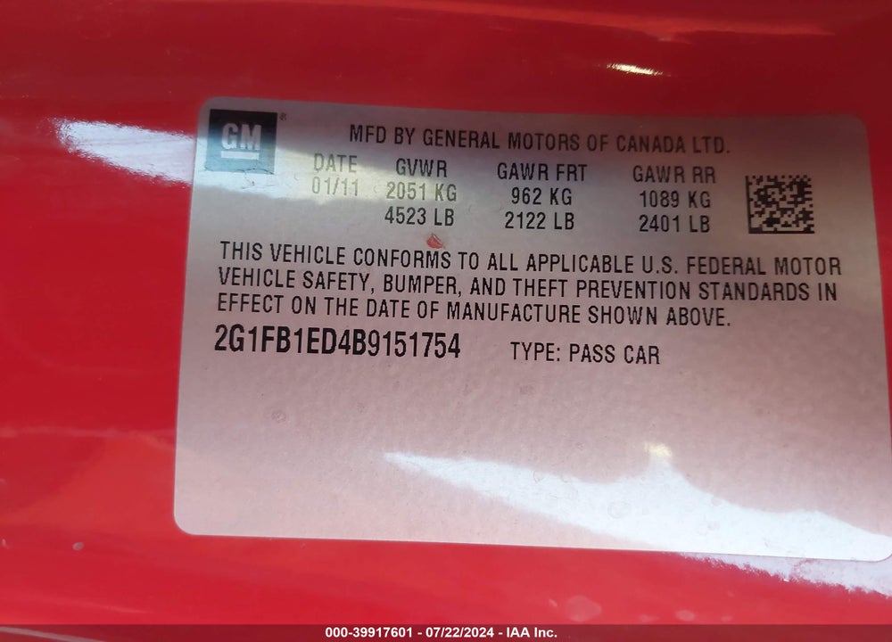 2011 CHEVROLET CAMARO 1LT VIN: 2G1FB1ED4B9151754