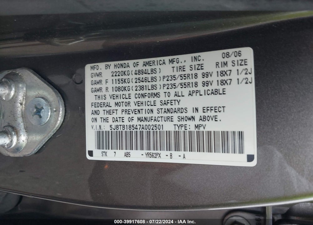 2007 ACURA RDX VIN: 5J8TB18547A002501