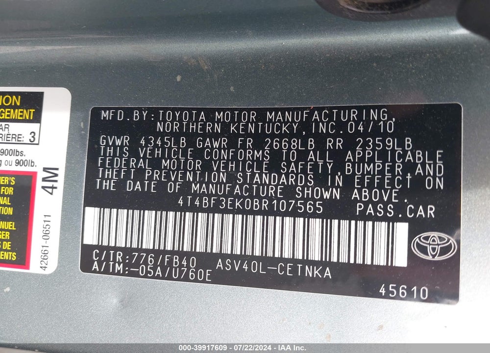 2011 TOYOTA CAMRY LE VIN: 4T4BF3EK0BR107565