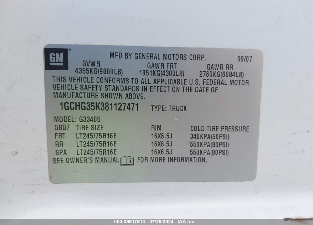 2008 CHEVROLET EXPRESS WORK VAN VIN: 1GCHG35K381127471