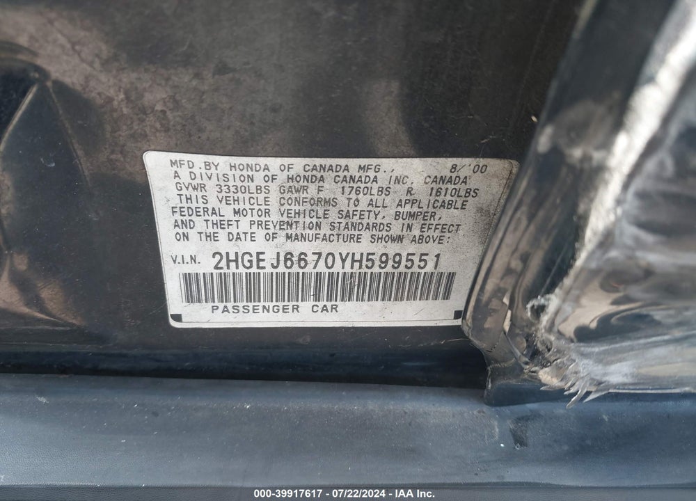 2000 HONDA CIVIC LX VIN: 2HGEJ6670YH599551