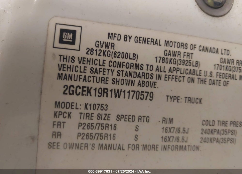 1998 CHEVROLET K1500 FLEETSIDE VIN: 2GCEK19R1W1170579