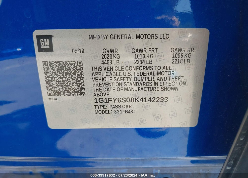 2019 CHEVROLET BOLT EV LT VIN: 1G1FY6S08K4142233
