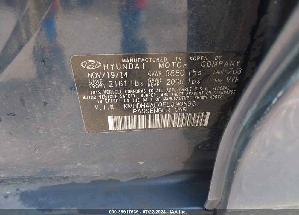 2015 HYUNDAI ELANTRA LIMITED VIN: KMHDH4AE0FU390638