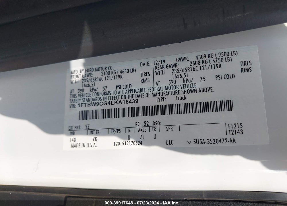2020 FORD TRANSIT-350 VIN: 1FTBW9CG4LKA16439