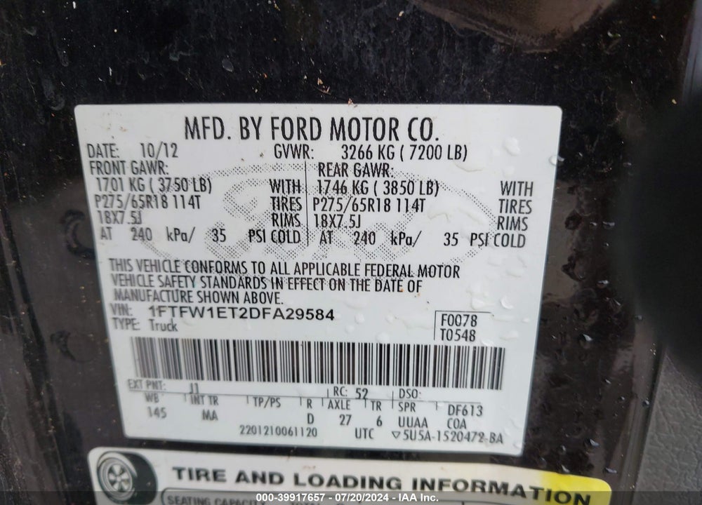 2013 FORD F-150 XLT VIN: 1FTFW1ET2DFA29584