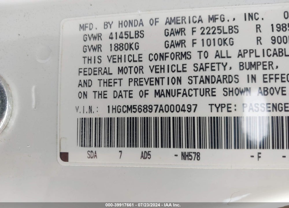 2007 HONDA ACCORD 2.4 EX VIN: 1HGCM56897A000497