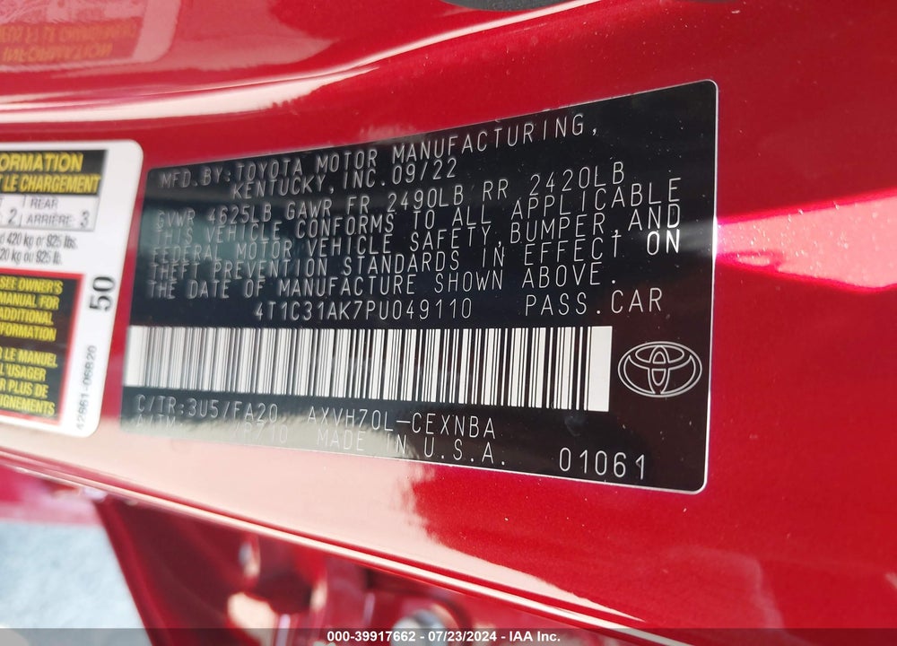 2023 TOYOTA CAMRY LE HYBRID VIN: 4T1C31AK7PU049110