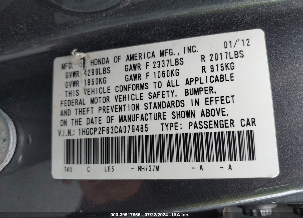2012 HONDA ACCORD 2.4 SE VIN: 1HGCP2F63CA079485