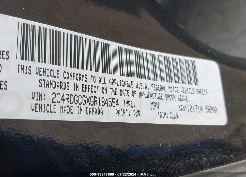 2016 DODGE GRAND CARAVAN SXT VIN: 2C4RDGCGXGR184554