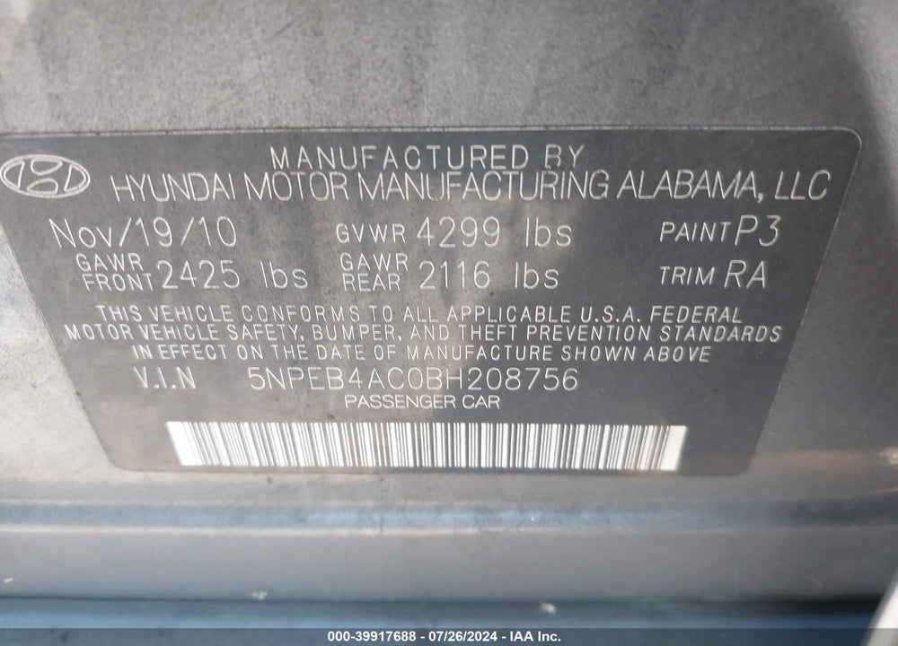 2011 HYUNDAI SONATA GLS VIN: 5NPEB4AC0BH208756
